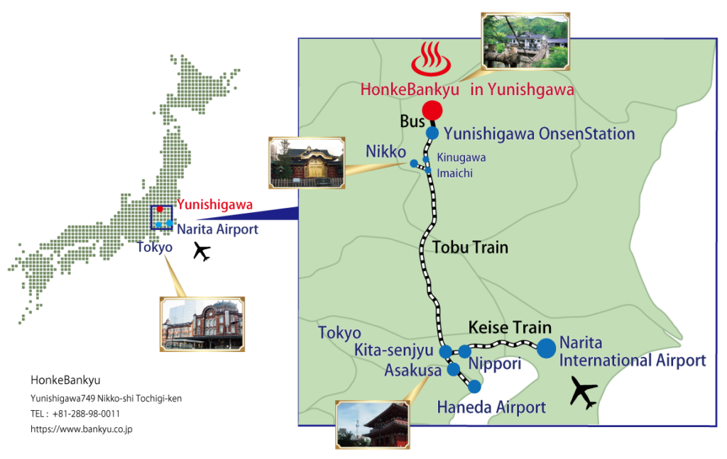 Access map to Honke Bankyu in Yunishigawa Onsen